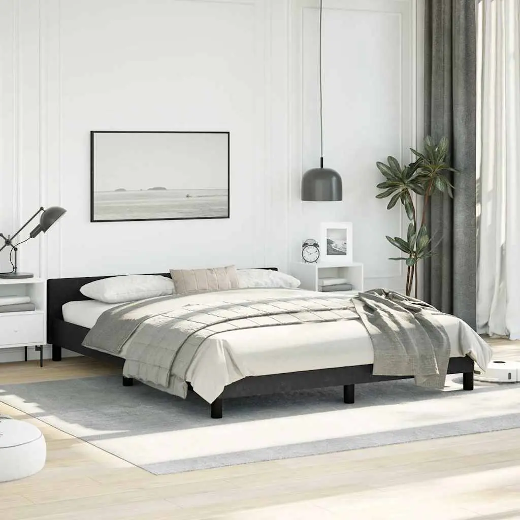 Queen Bed Frame with Black Velvet Headboard