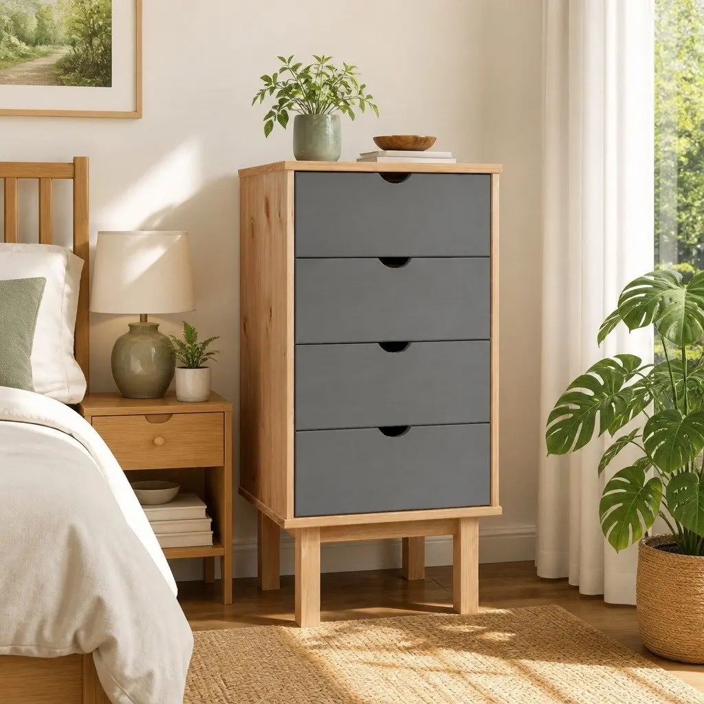 Drawer Cabinet Chest of Drawers Scandinavian Style 4 Drawer Storage Unit Brown Grey Solid Pine Wood