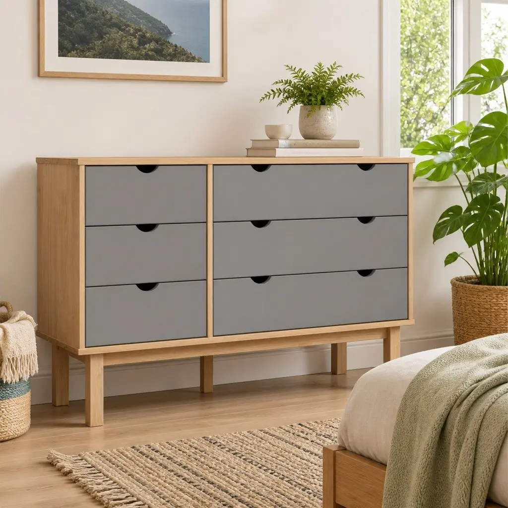 Grey Solid Pine Wood Drawer Cabinet with 6 Drawers