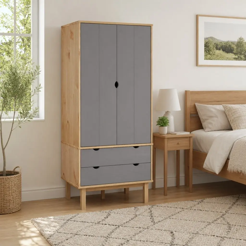Grey Wardrobe with Drawers 76.5x53x172cm Solid Pine