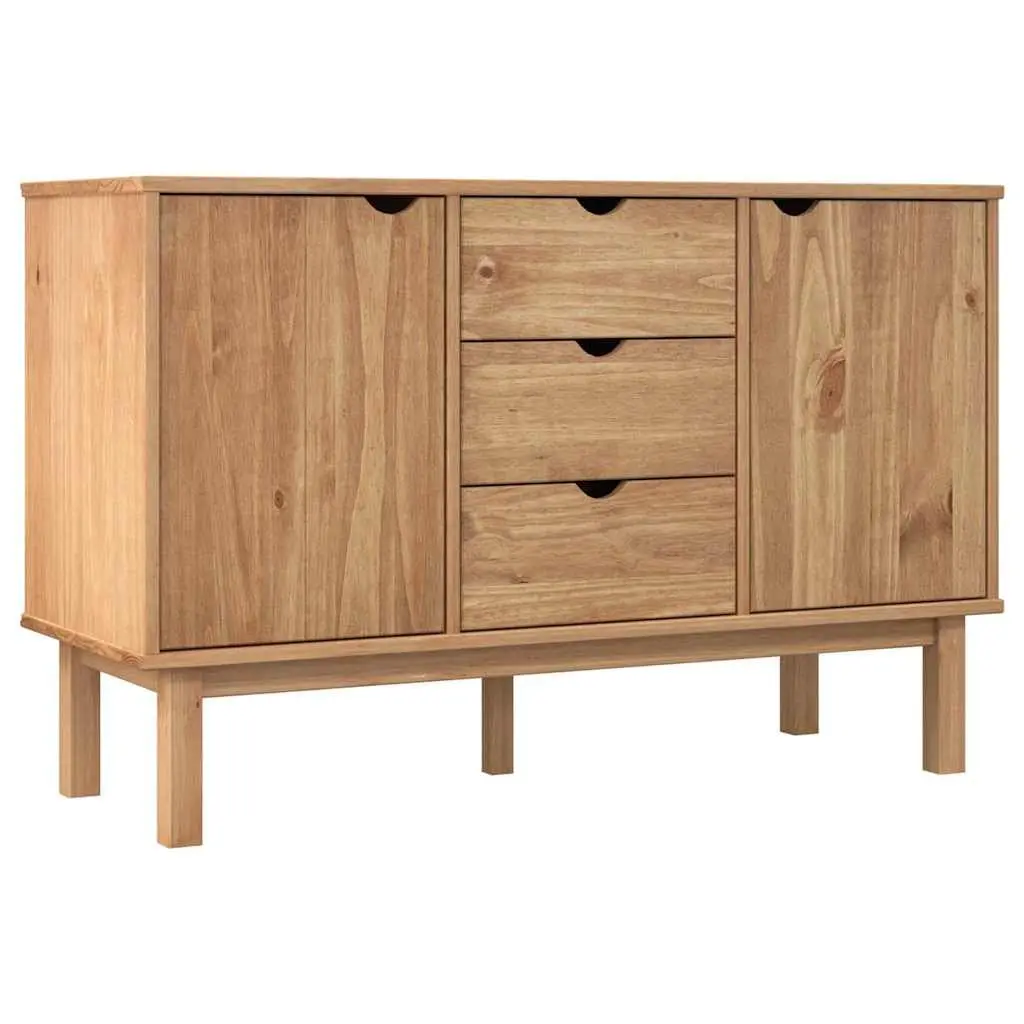 Solid Pine Wood Sideboard with Drawers and Doors Brown Scandinavian Storage