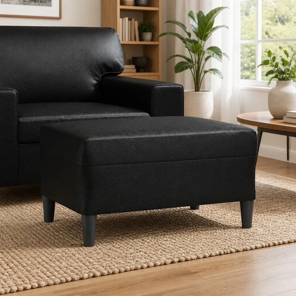 Black Faux Leather Footstool for Living Spaces