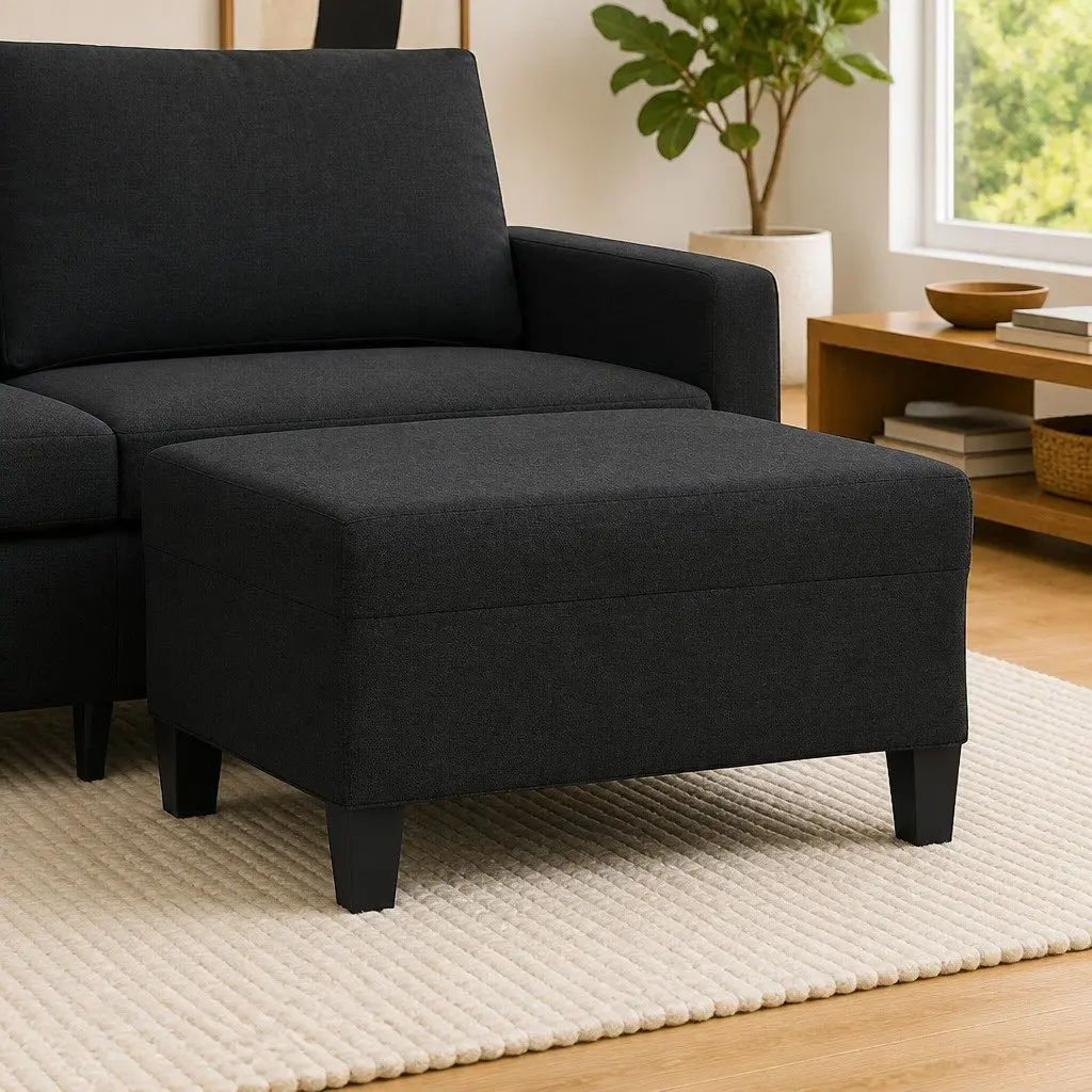 Footstool Black Fabric Ottoman Footrest Recliner Sofa Seat Living Room