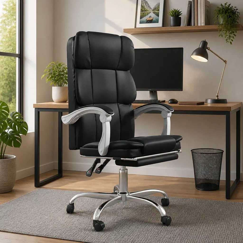 Reclining Office Chair Black Faux Leather Adjustable Backrest Height Swivel