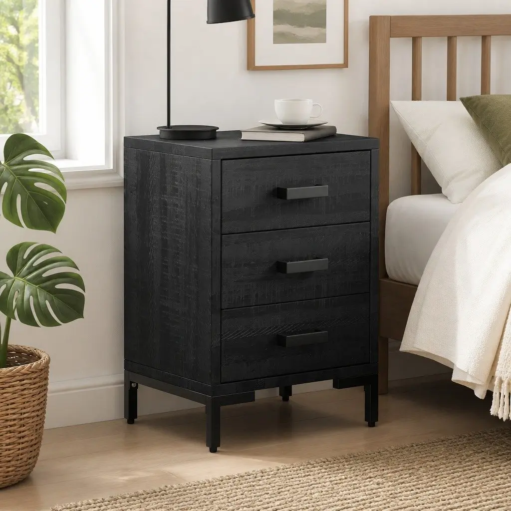 Black Bedside Cabinet with Storage Drawers 40x30x55 cm