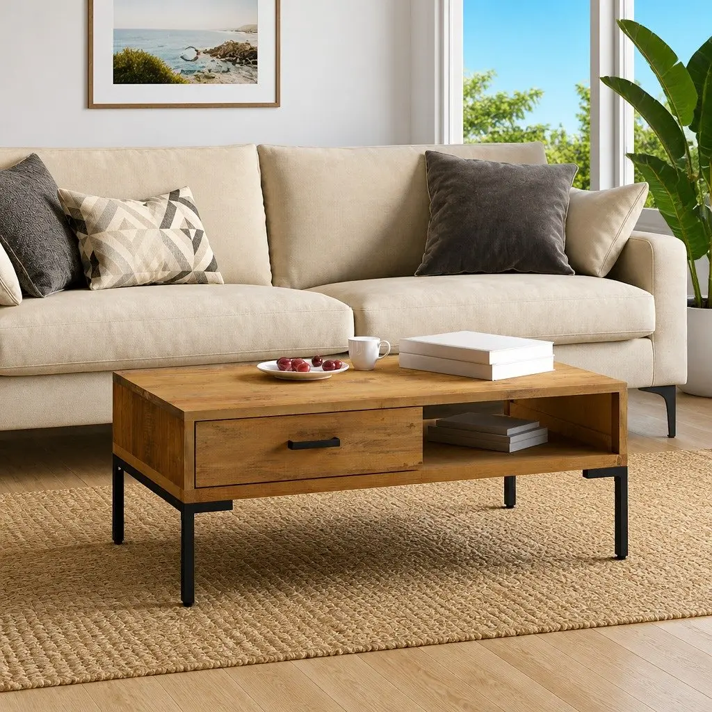 Wooden Coffee Table with Storage for Living Room