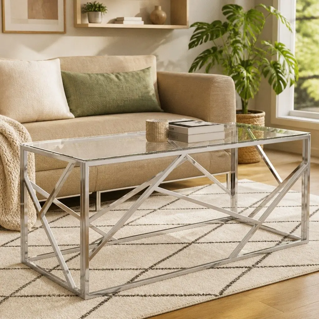 Tempered Glass Coffee Table with Stainless Steel Frame