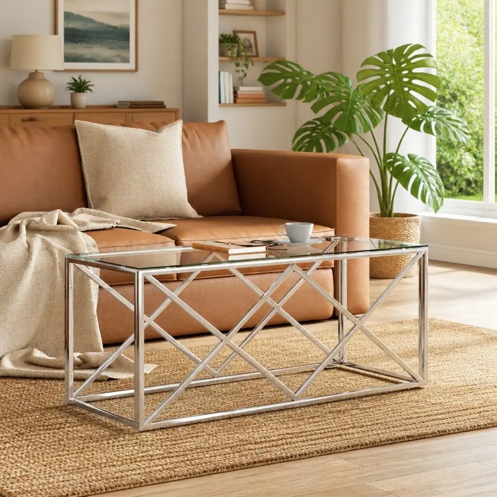 Coffee Table 110x45x45 cm Stainless Steel Glass Top Silver Accent Living Room