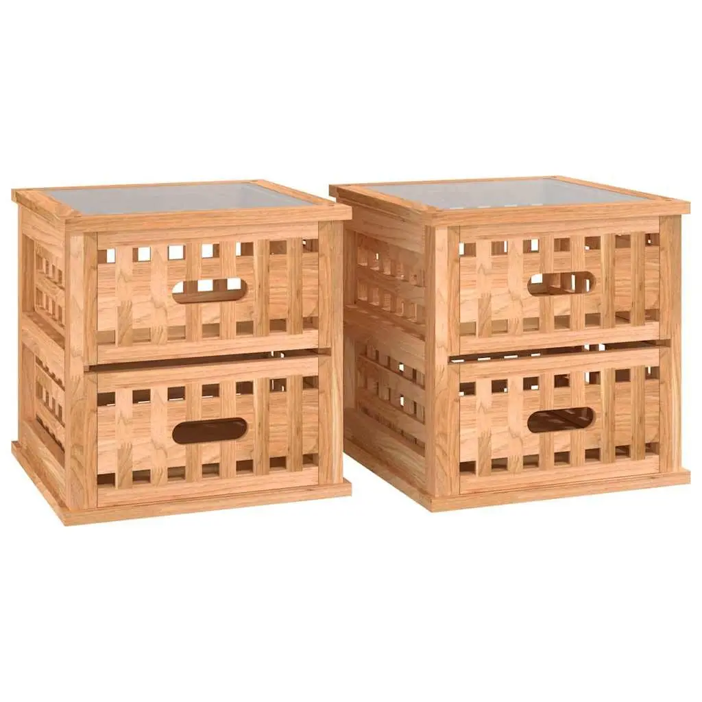 Bedside Cabinets Solid Wood Brown 2 Piece Storage Drawers Glass Top