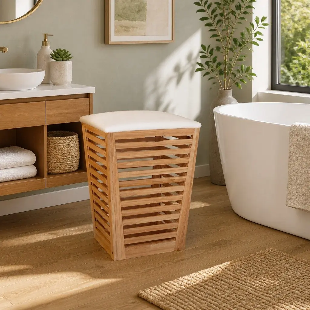 Bathroom Storage Stool Wooden Cushioned Lid Brown 40.5cm
