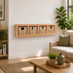 Solid Wood Wall Shelf with 4 Baskets 62x18x16 cm