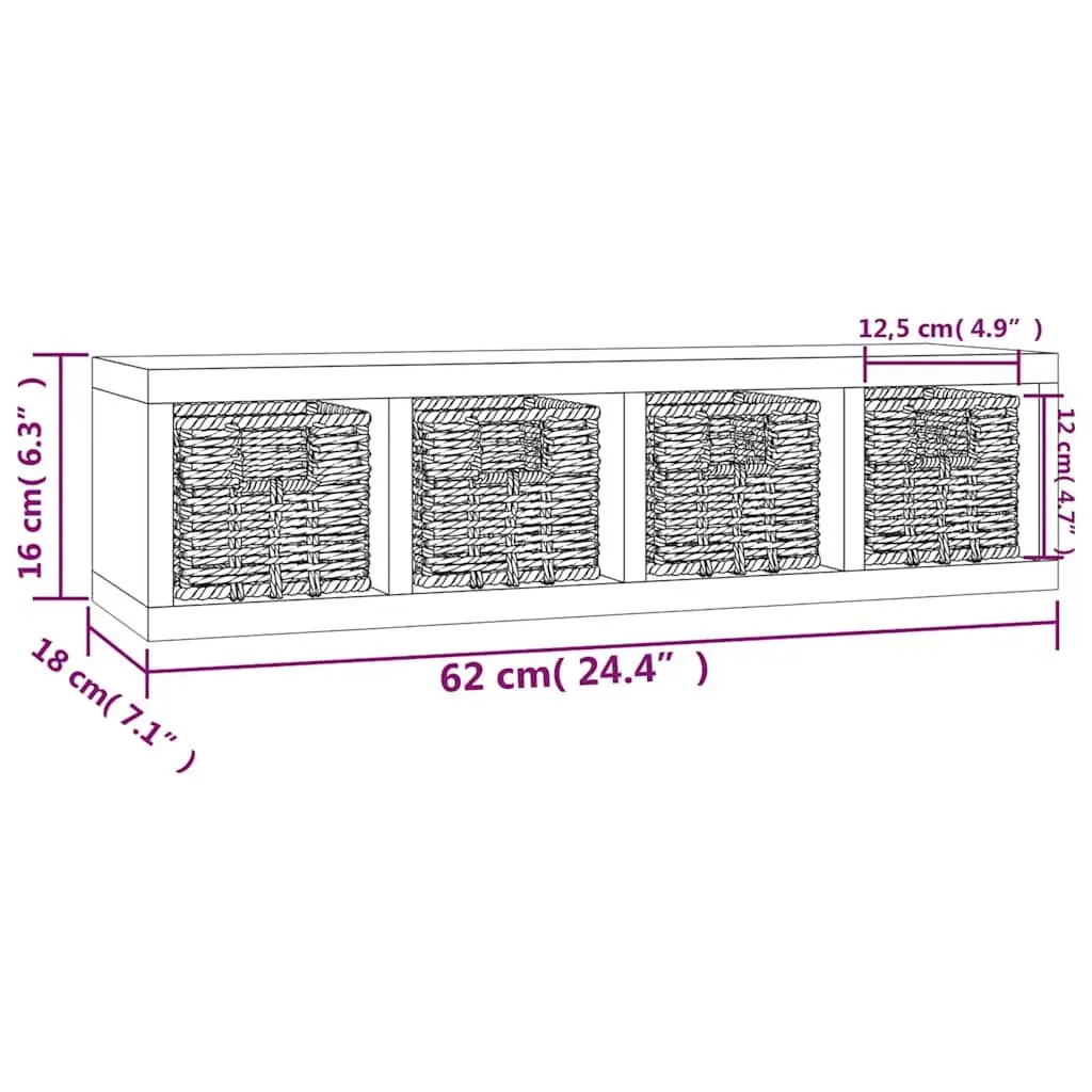 Solid Wood Wall Shelf with 4 Baskets 62x18x16 cm