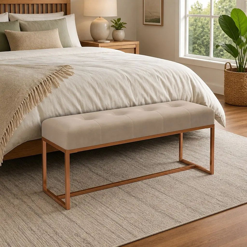 Beige Velvet Storage Bench for Living Room and Entryway