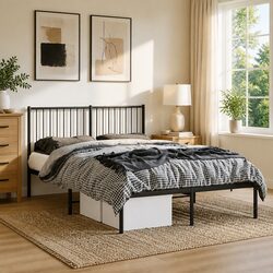 Elegant Black Metal Bed Frame 135x190 cm with Headboard