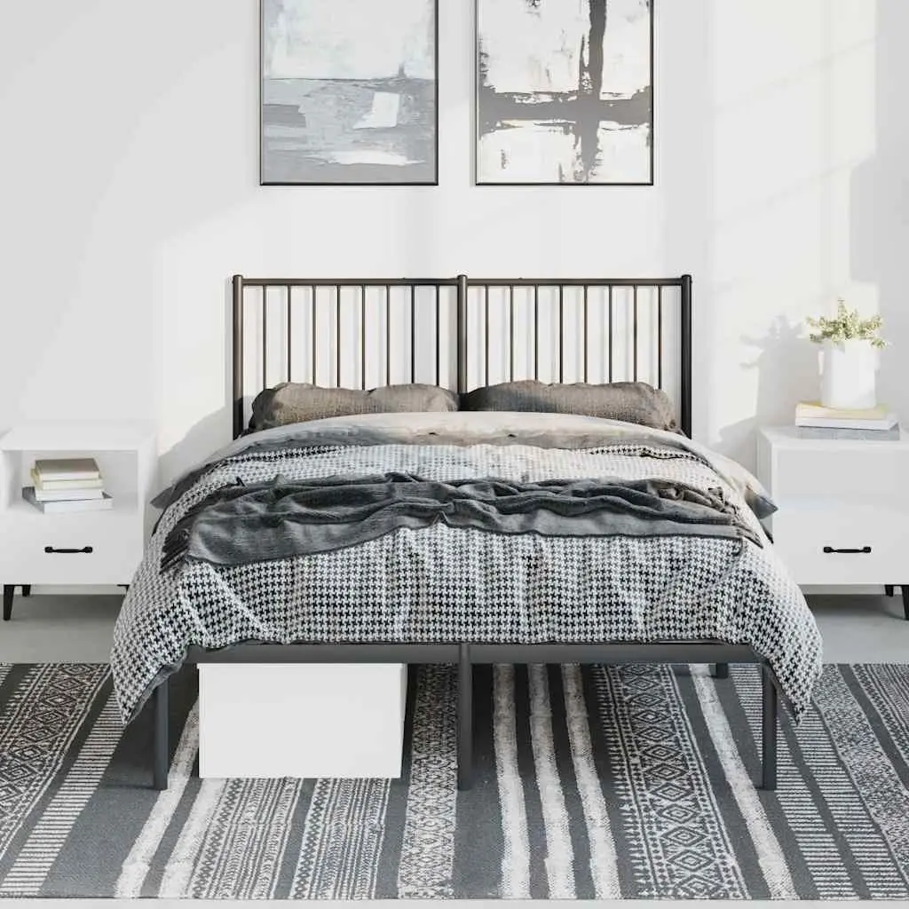 Metal Bed Frame Black 135x190 cm Powder-coated Steel with Headboard and Slats