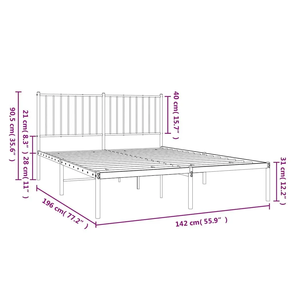 Metal Bed Frame Black 135x190 cm Powder-coated Steel with Headboard and Slats