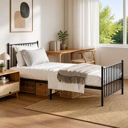 Sturdy Black Metal Bed Frame 90x190 cm with Headboard