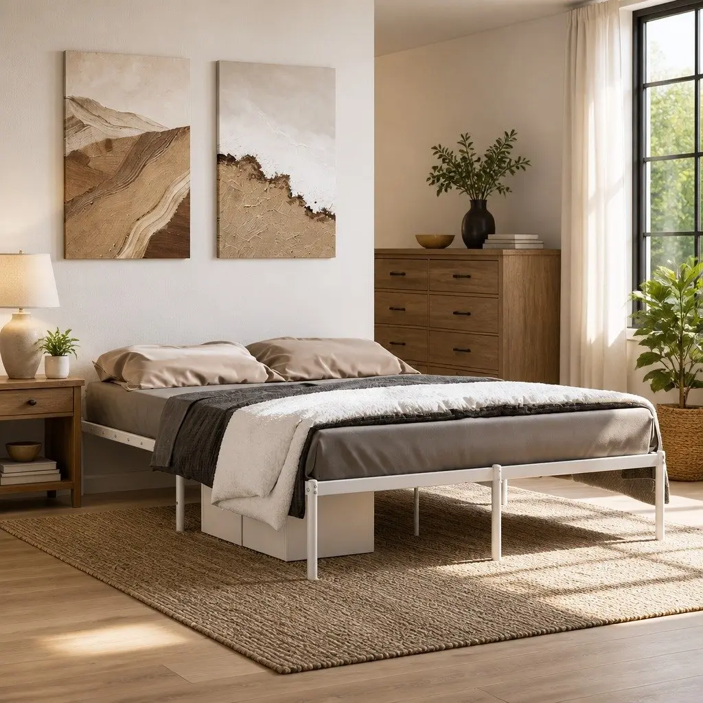 White Metal Bed Frame 135x190 cm with Slatted Base