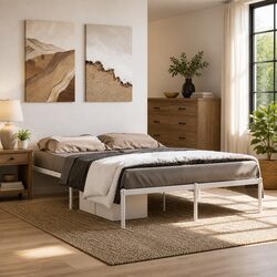 White Metal Bed Frame 135x190 cm with Slatted Base