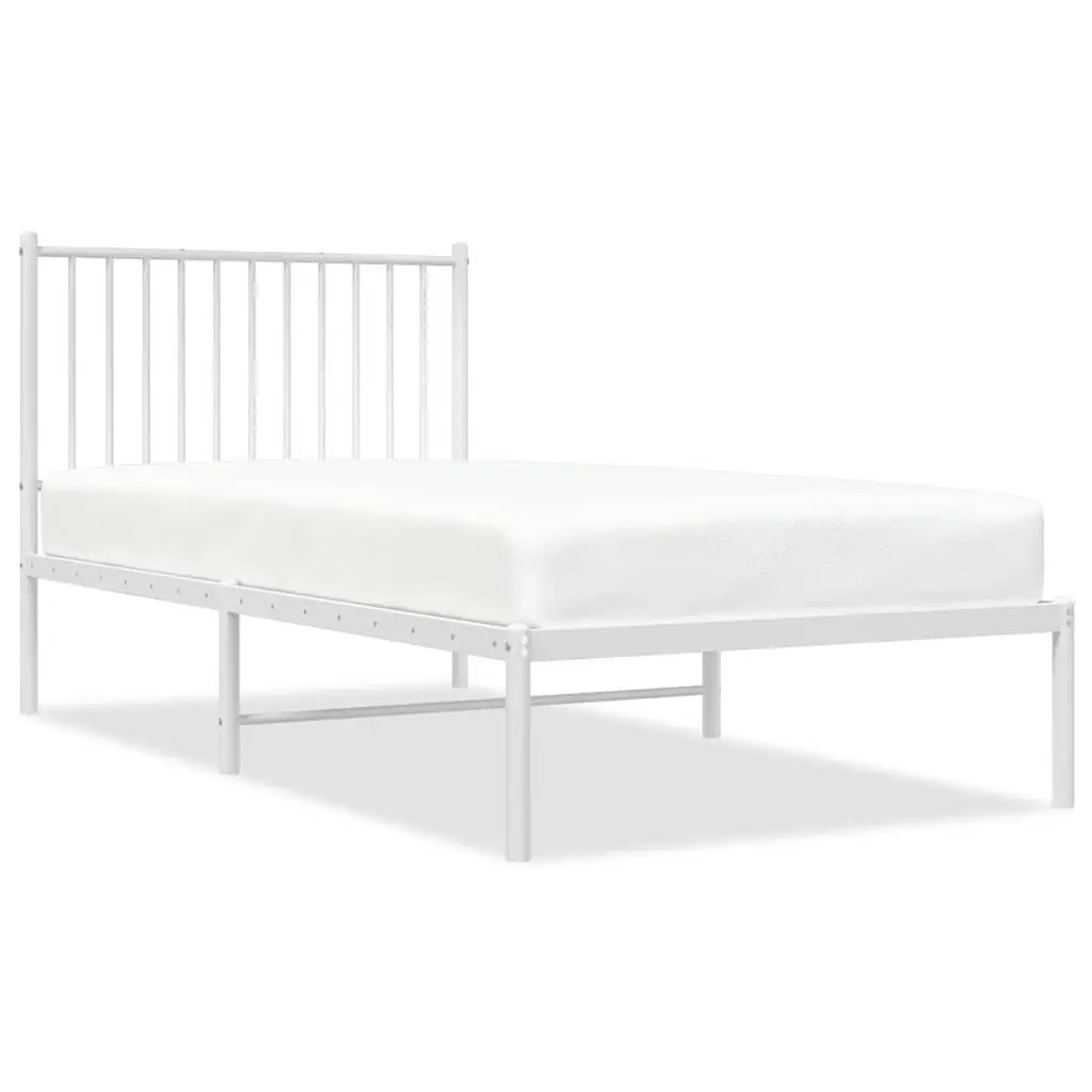Metal Bed Frame White 90x190 cm Powder-coated Steel Slatted Base with Headboard Storage