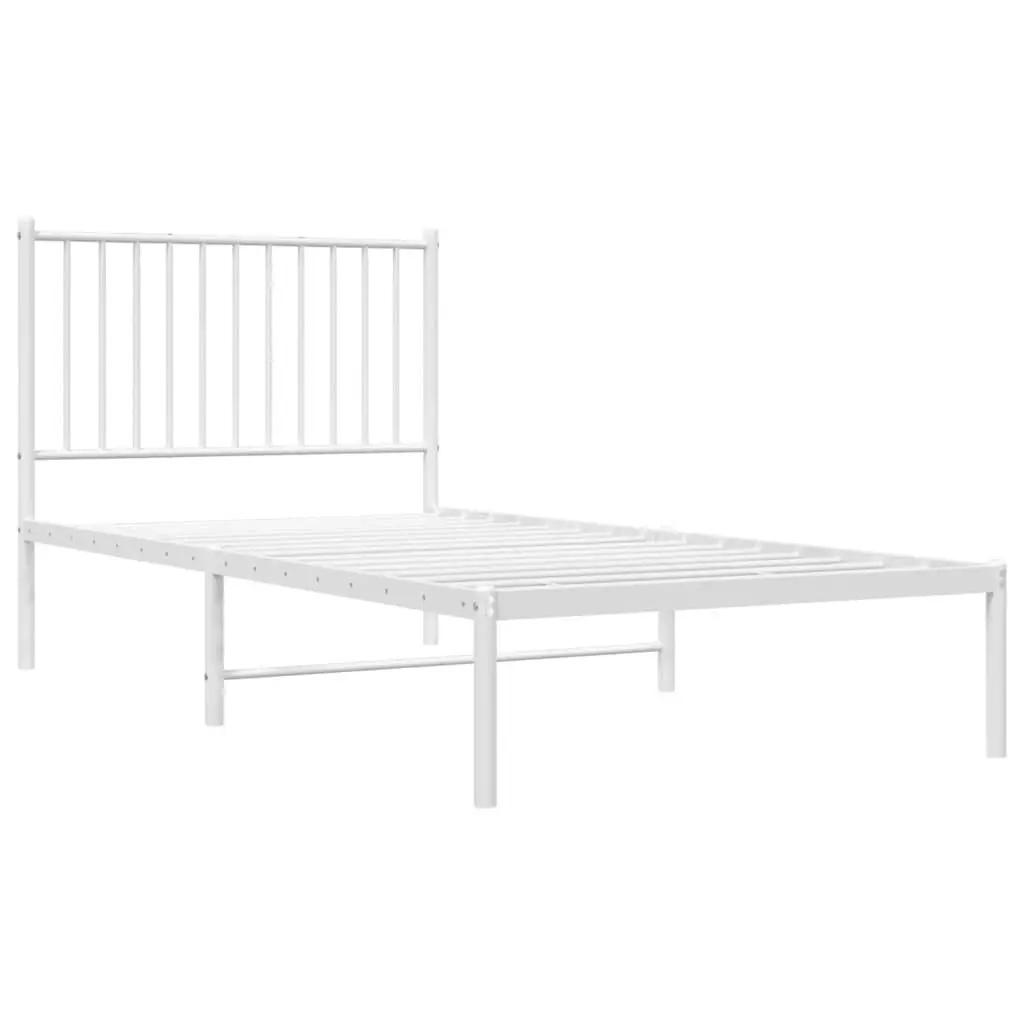 Metal Bed Frame White 90x190 cm Powder-coated Steel Slatted Base with Headboard Storage