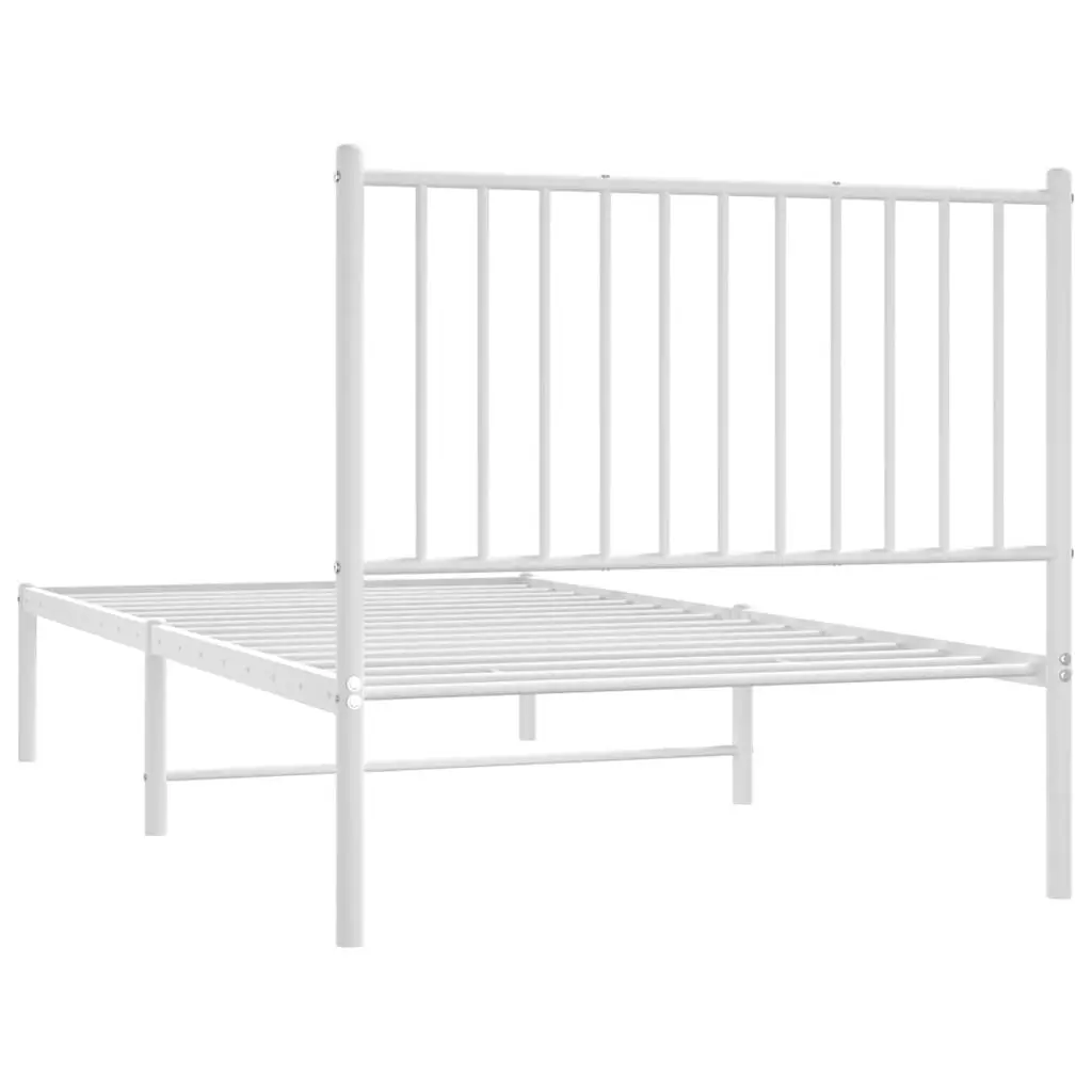 Metal Bed Frame White 90x190 cm Powder-coated Steel Slatted Base with Headboard Storage