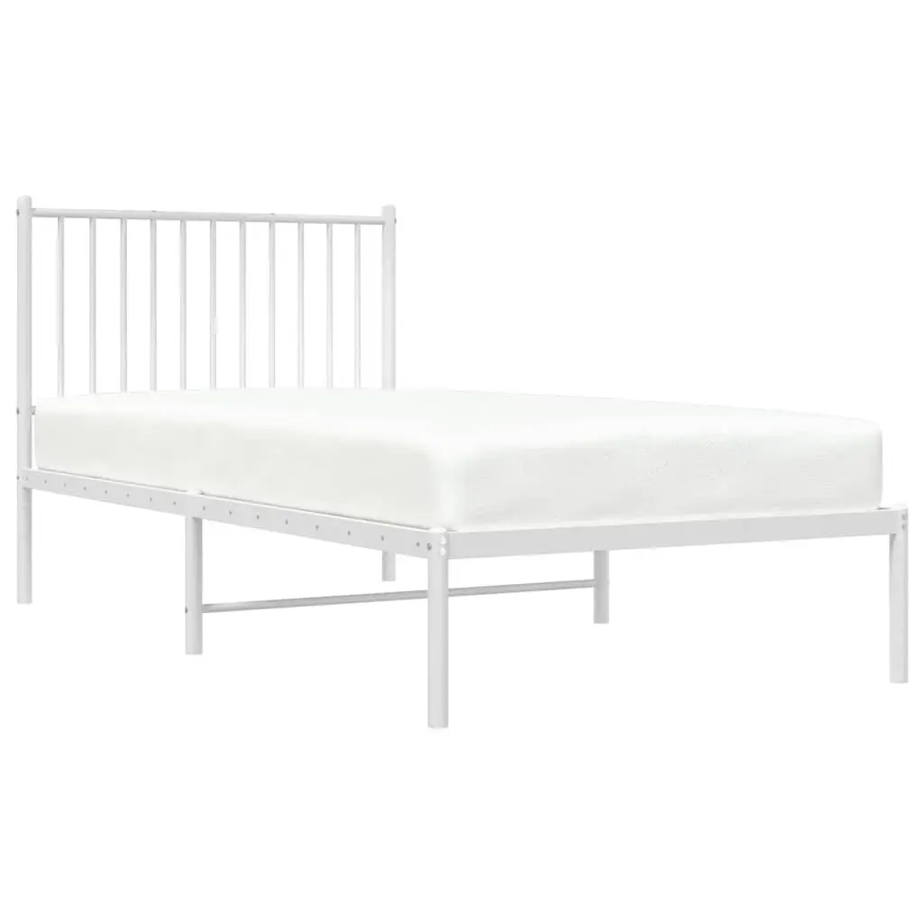 Metal Bed Frame White 90x190 cm Powder-coated Steel Slatted Base with Headboard Storage