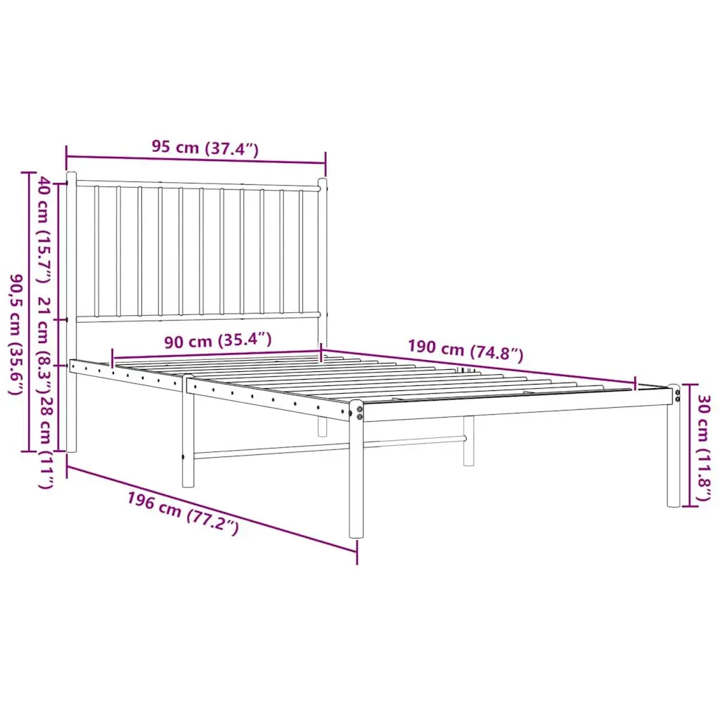 Metal Bed Frame White 90x190 cm Powder-coated Steel Slatted Base with Headboard Storage