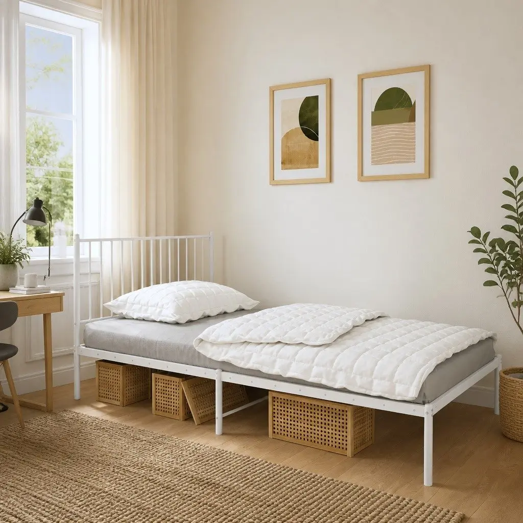 Metal Bed Frame White King Single 107x203 cm Powder-coated Steel Slatted Base Headboard