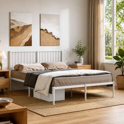 White Metal Bed Frame with Headboard 135x190 cm