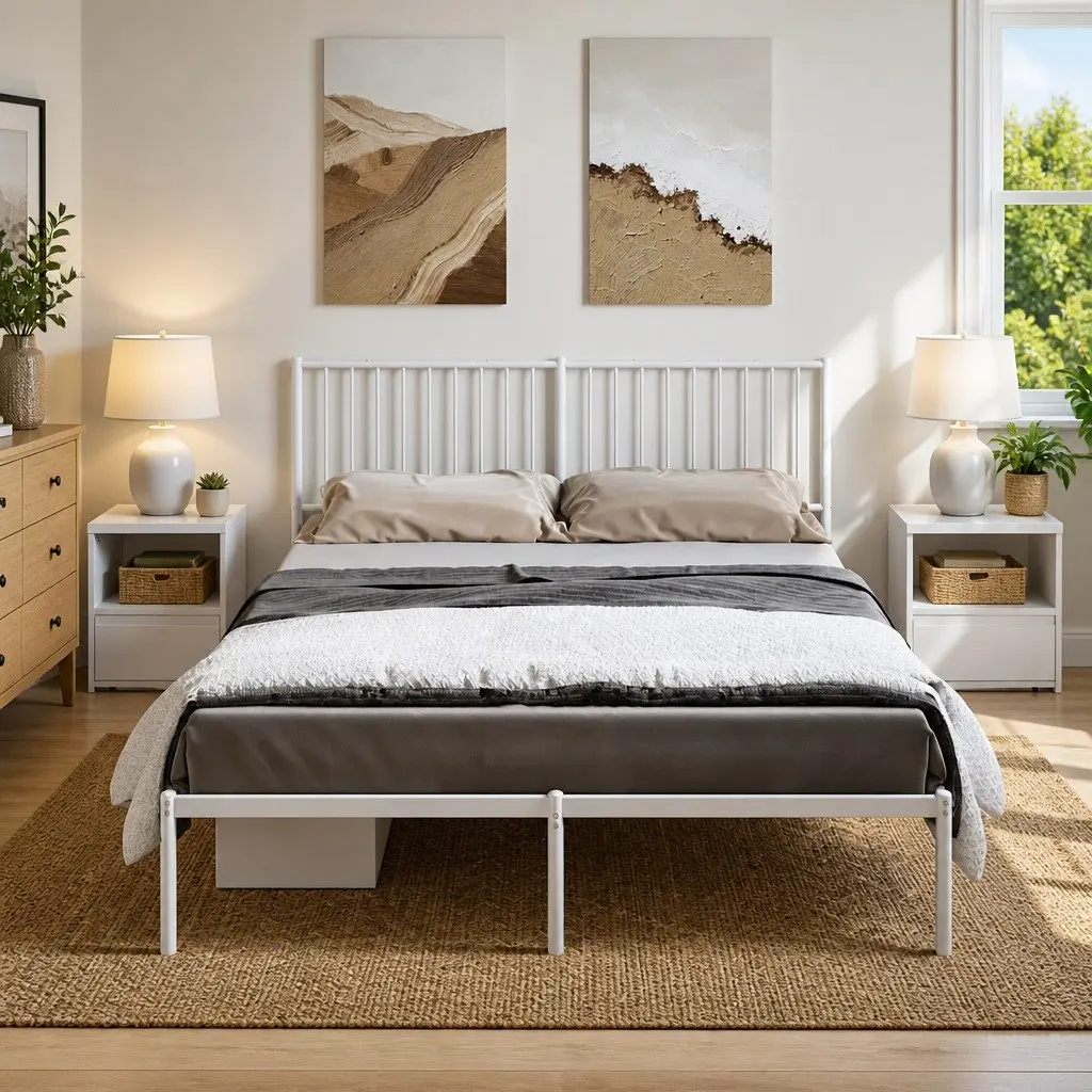 White Metal Bed Frame with Headboard and Storage 150x200 cm