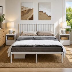 White Metal Bed Frame with Headboard and Storage 150x200 cm