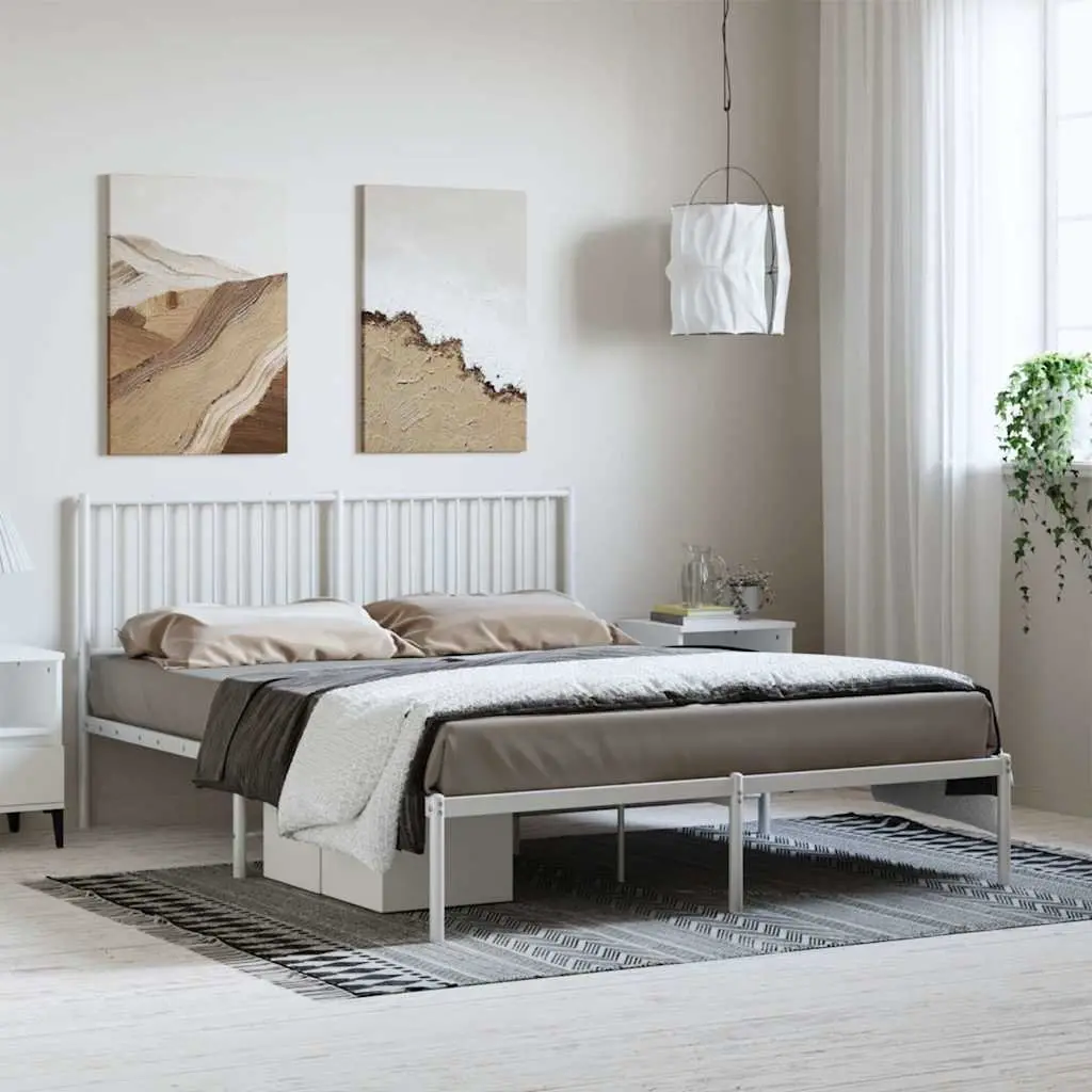 White Metal Bed Frame with Headboard and Storage 150x200 cm