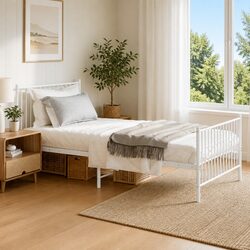 King Single Metal Bed Frame with Slatted Base - White