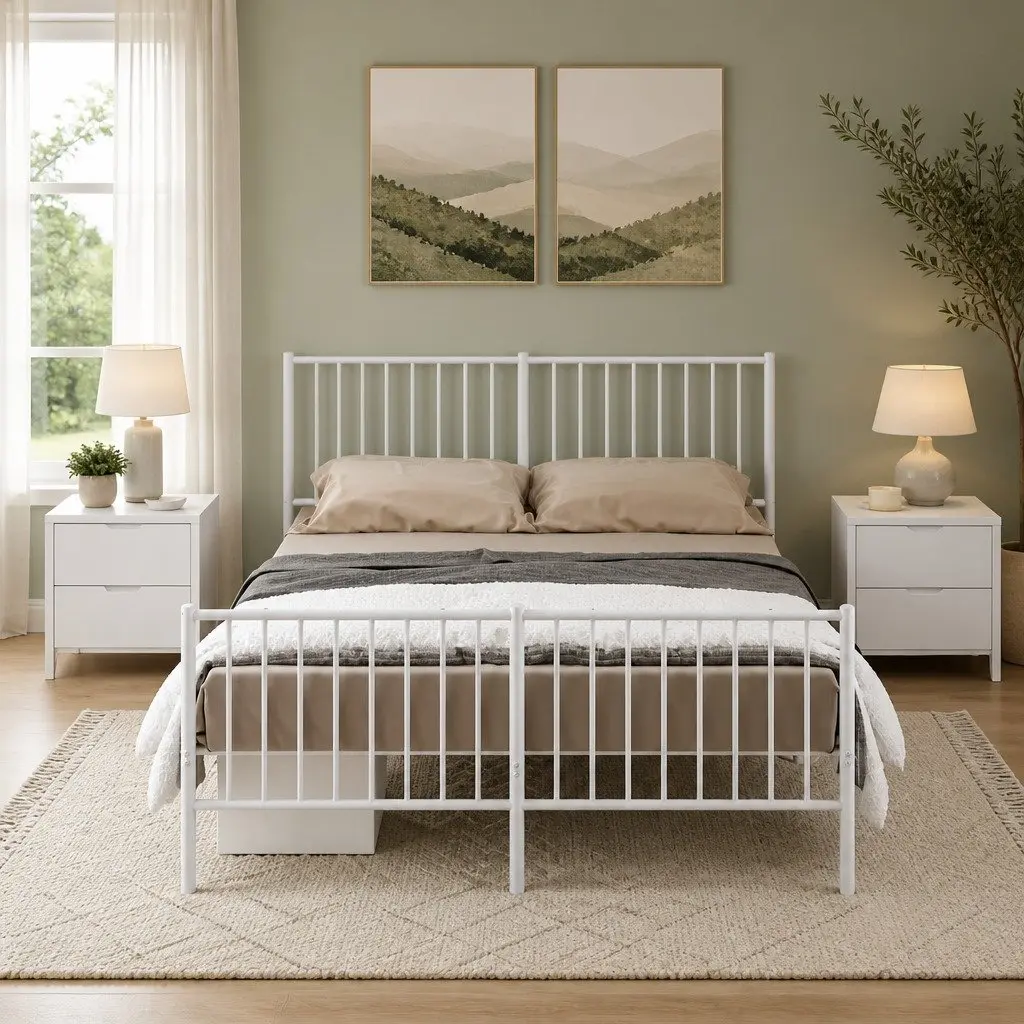 White Metal Bed Frame with Footboard 135x190 cm