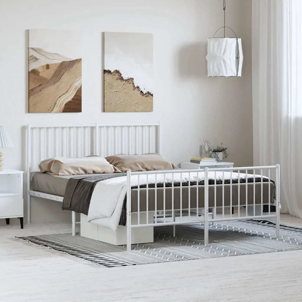 White Metal Bed Frame with Footboard 135x190 cm