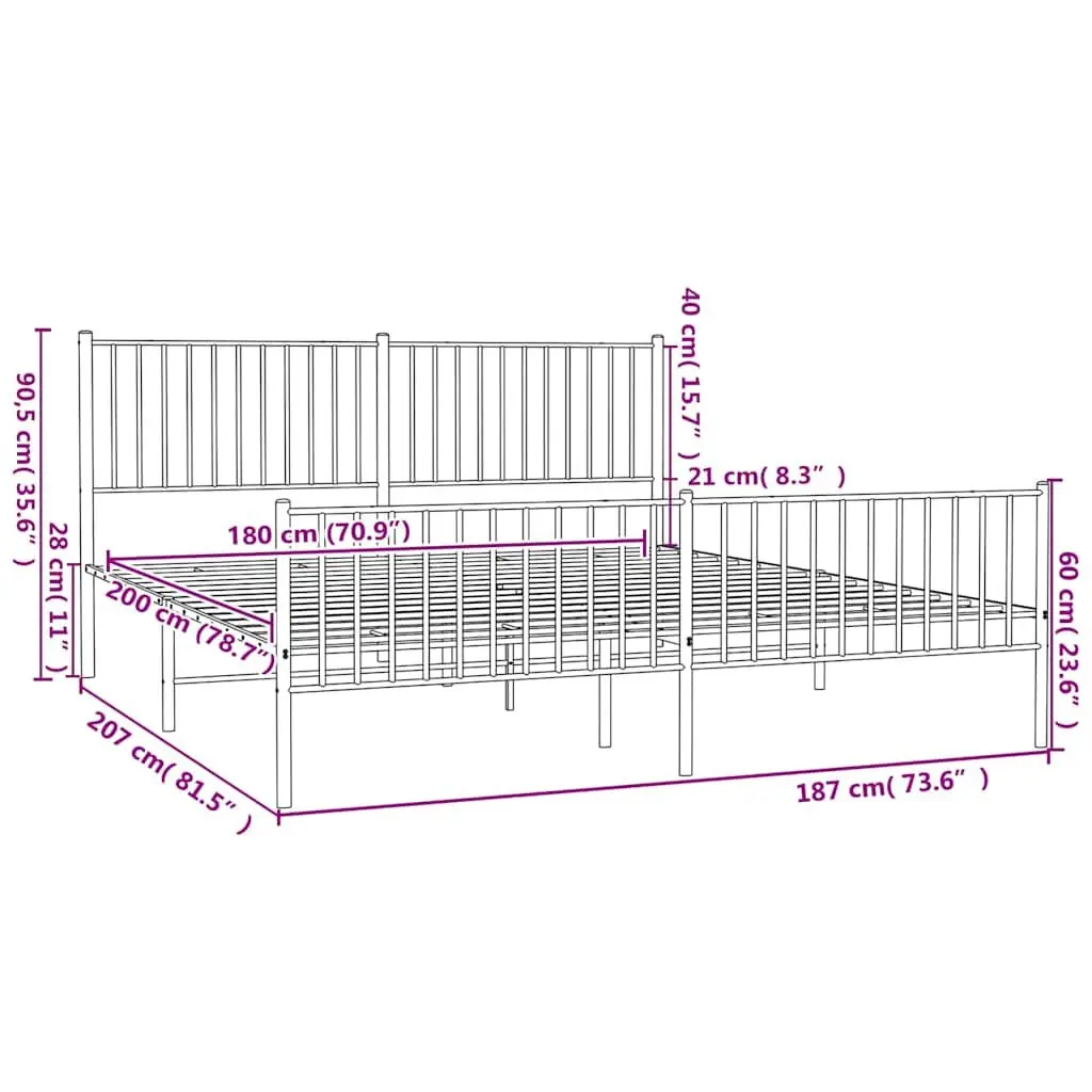 Metal Bed Frame King Size 183x203 cm White Powder-coated Steel