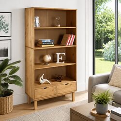 Scandinavian Wooden Bookcase with 2 Drawers in Brown