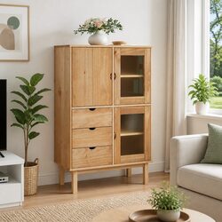 Warm Solid Wood Pine Highboard Storage Cabinet 85x43x125cm