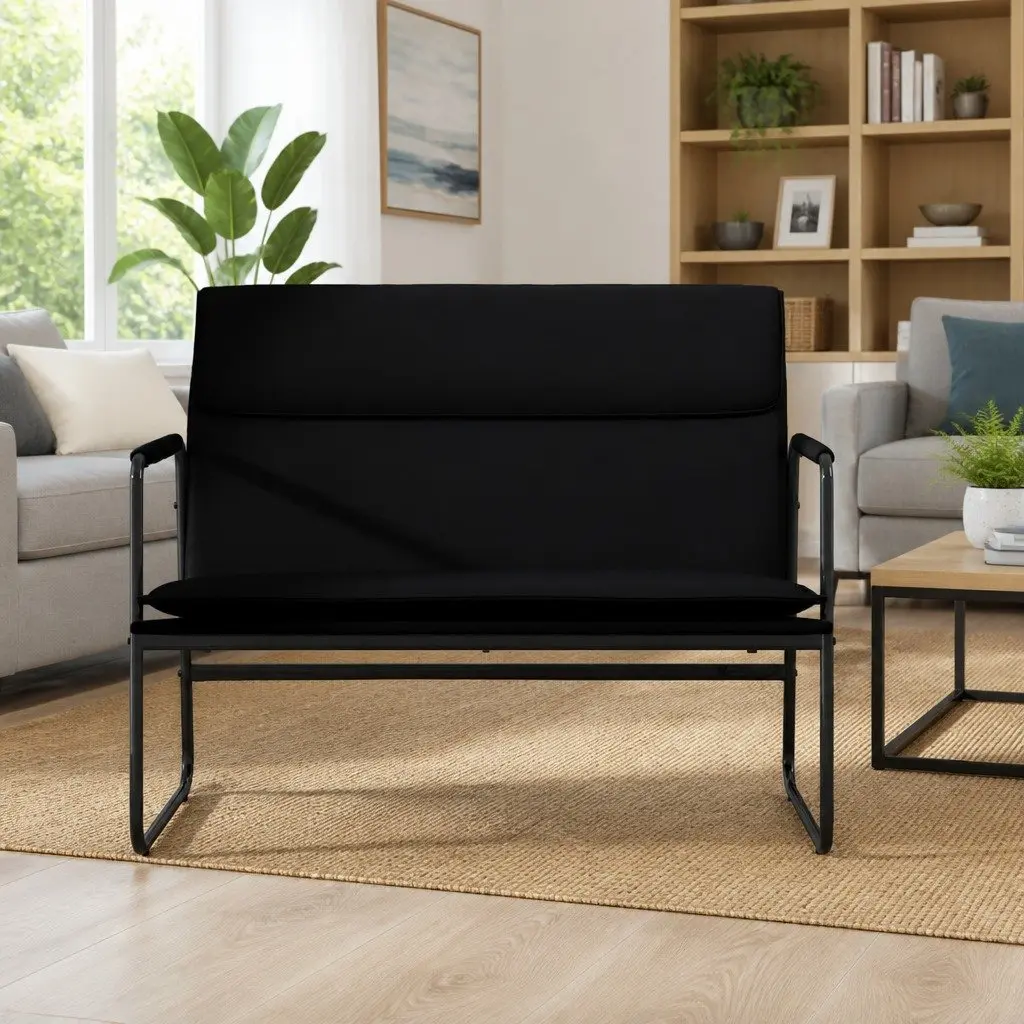 Faux Leather Bench Black Upholstered Padded Back Rest 100cm Metal Frame