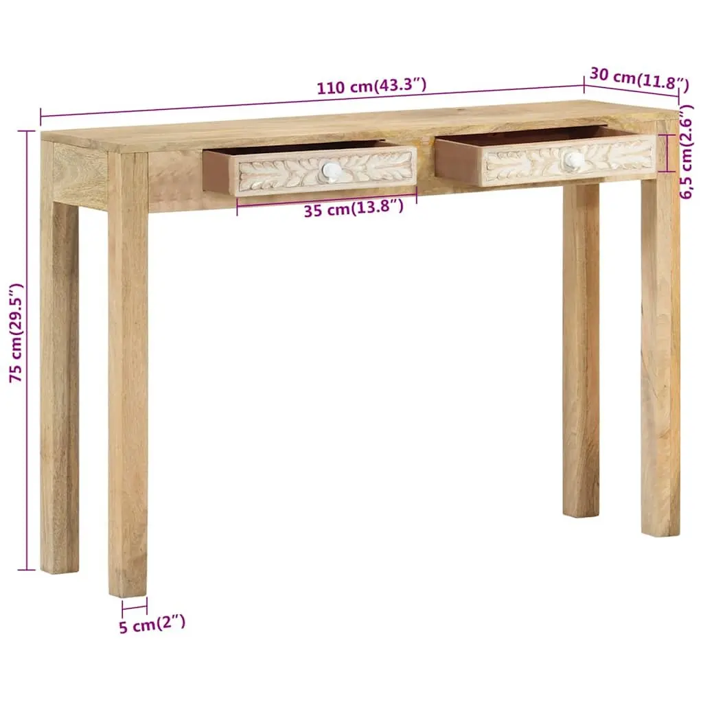 Console Table Solid Mango Wood 110x30x75 cm Entryway with 2 Storage Drawers
