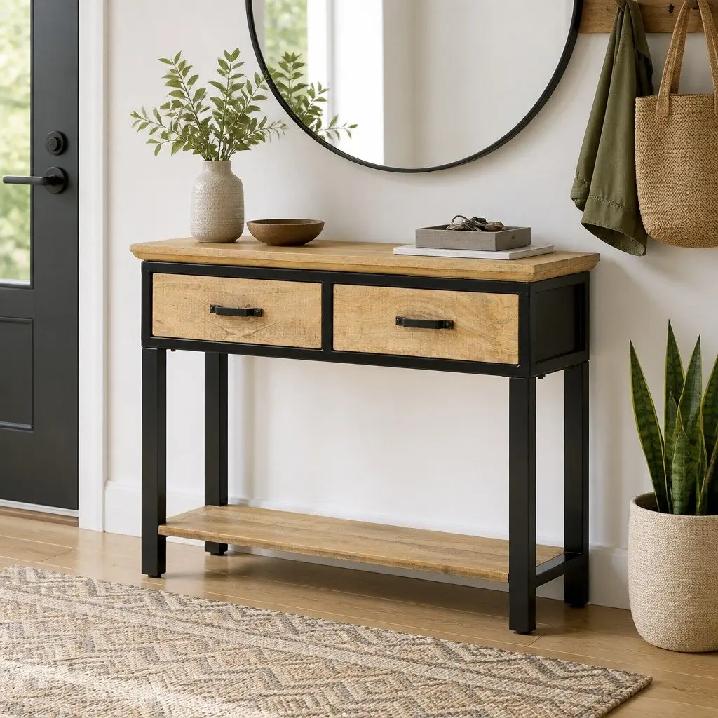 Solid Mango Wood Console Table with 2 Drawers and Shelf