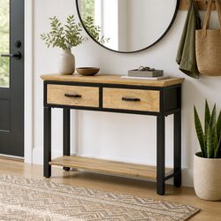 Solid Mango Wood Console Table with 2 Drawers and Shelf
