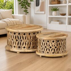 2 Piece Coffee Table Set Solid Wood Brown Living Room Decor