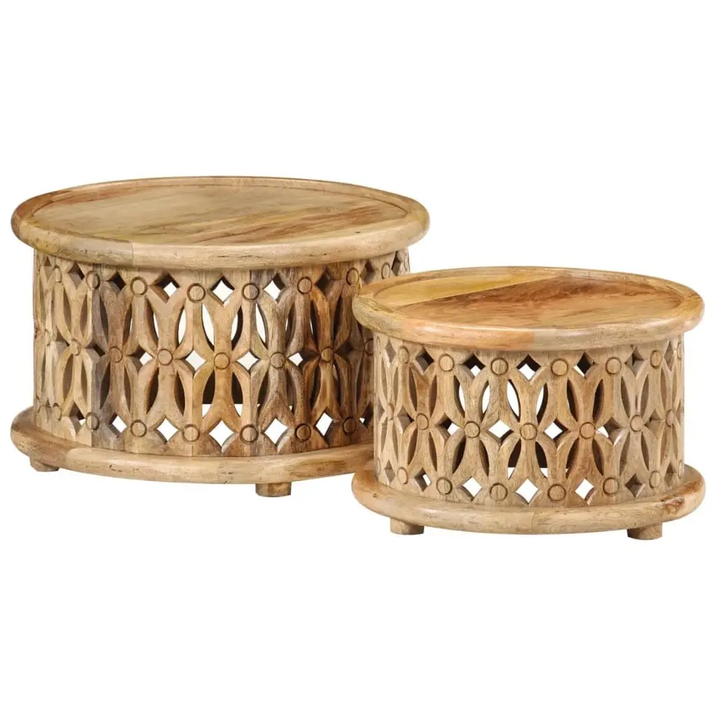 2 Piece Coffee Table Set Solid Wood Brown Accent Living Room Furniture