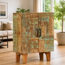 Hand-Carved Wooden Sideboard Cabinet in Reclaimed Wood