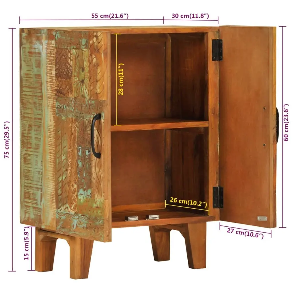 Hand Carved Wooden Sideboard Cabinet Mid Century 55 x 30 x 75 cm Solid Reclaimed Wood