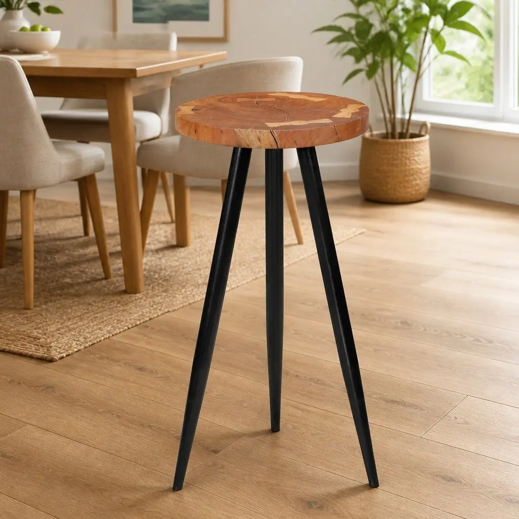 Acacia Wood Log Bar Table with Iron Legs for Dining