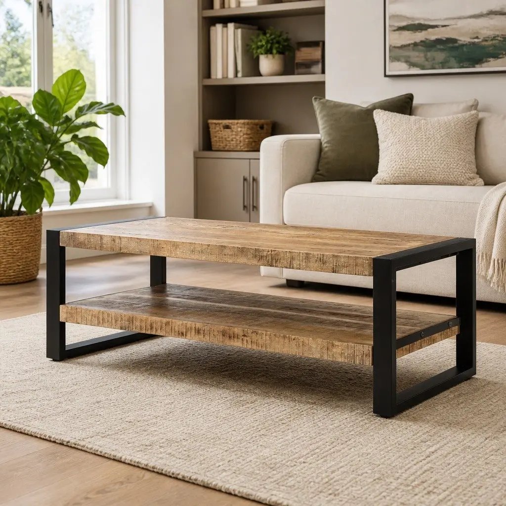 Coffee Table 120x55x40 cm Solid Wood Mango Rustic Two Tier Storage