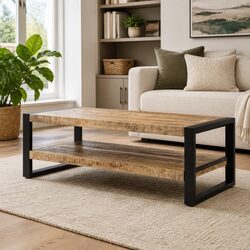 Rustic Solid Wood Coffee Table with Two-Tier Design